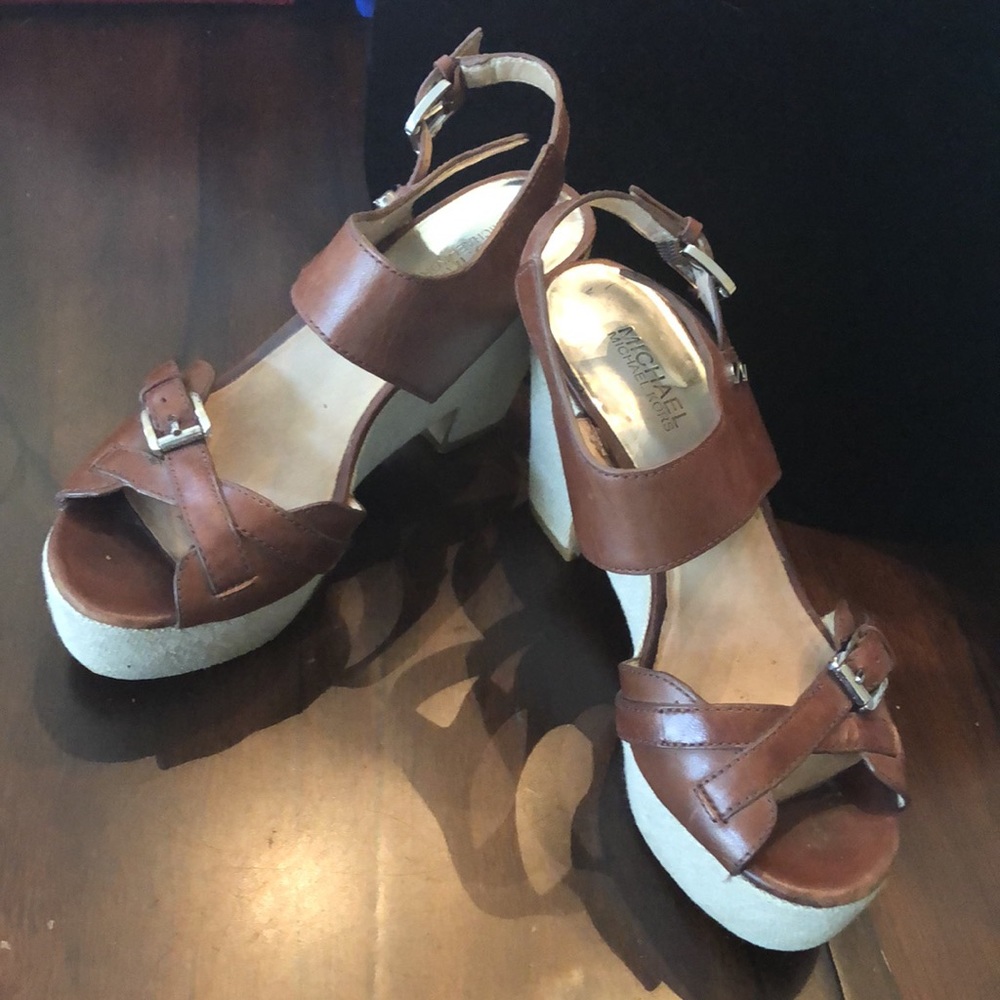 Michael MK Leather upper silver-tone buckles, fabric ankle strap high wedges